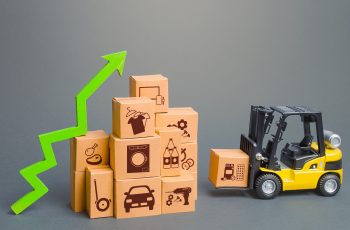 Forklift next to boxes and green up arrow. Logistics, transport infrastructure. Growth of online distribution of goods, increased delivery. E-commerce. High demand and sales. Economic recovery.